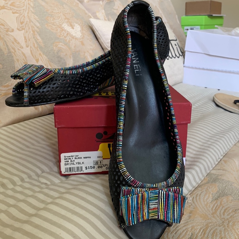 Vaneli wedges. Black leather with multi color heal, trim & bow
